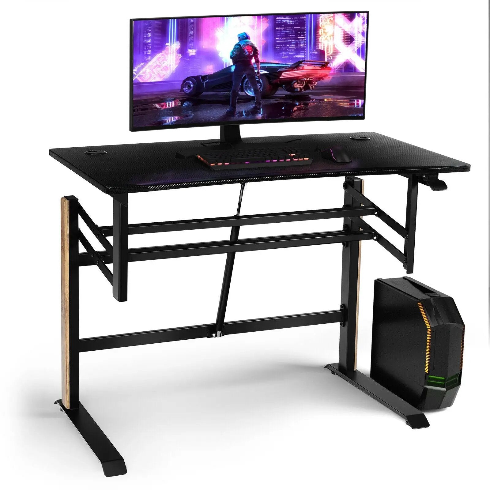 Pneumatic Height Adjustable Gaming Desk T Shaped Game Station with Power Strip Tray-Black by DirectDeals
