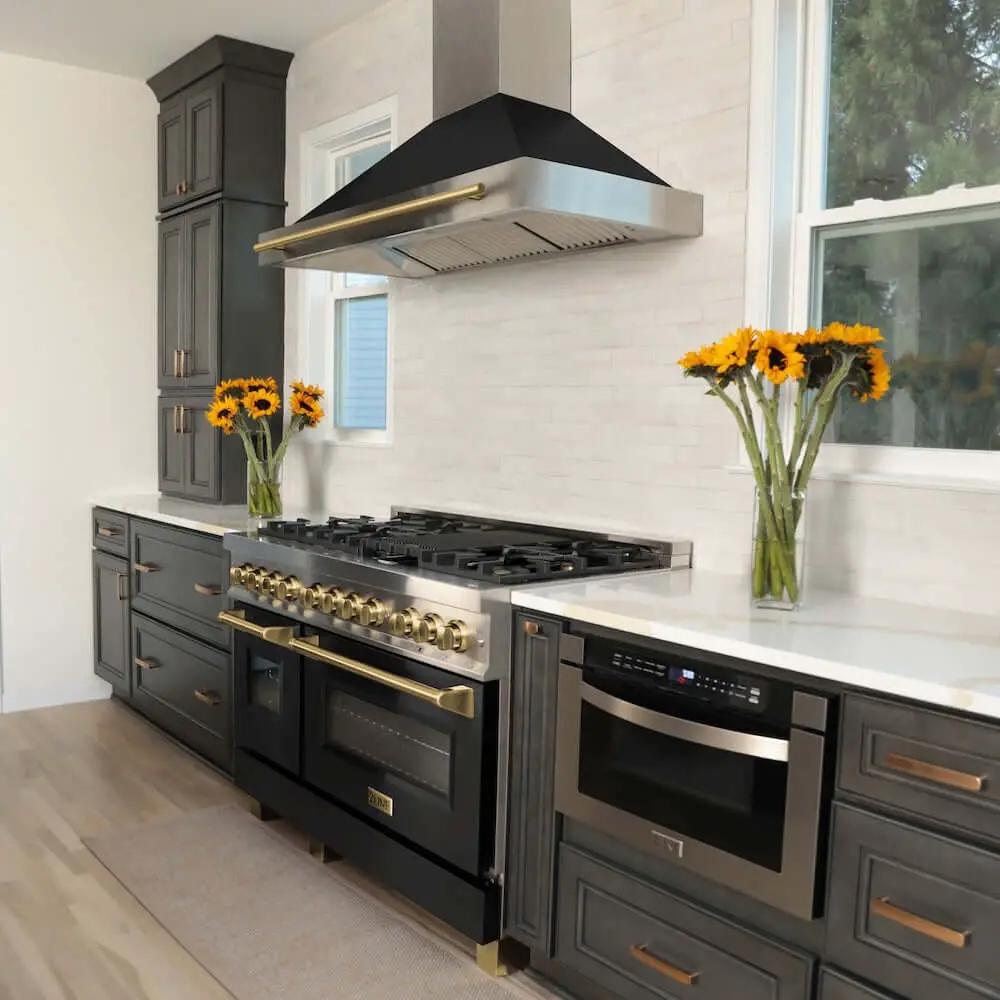 ZLINE 48" Autograph, Dual Fuel Range, Black Door, Bronze, RASZ-BLM-48-CB by Farmhouse Kitchen and Bath