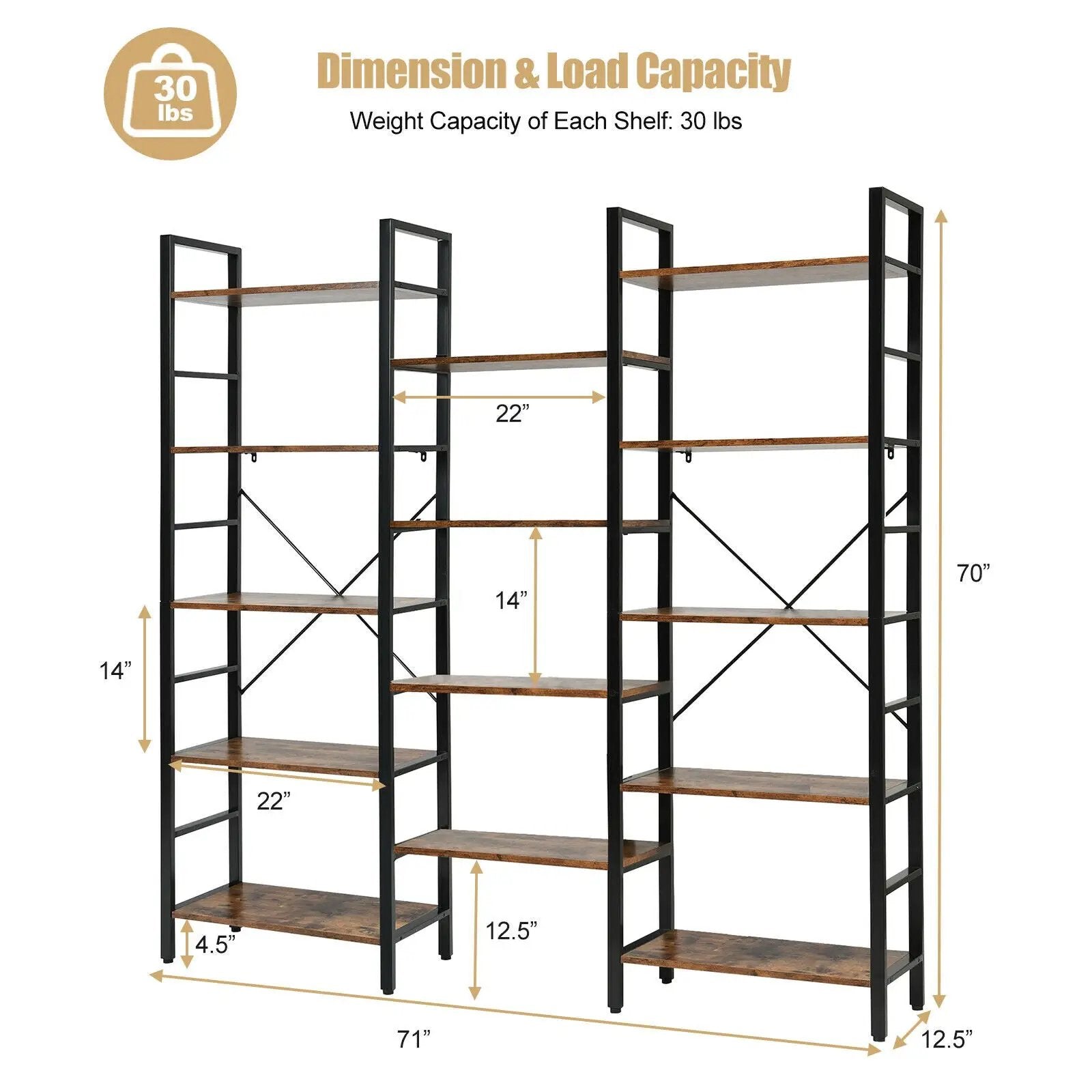 Vintage Triple Wide 5-Tier Bookcase Large Bookshelf Display Storage Shelf by DirectDeals