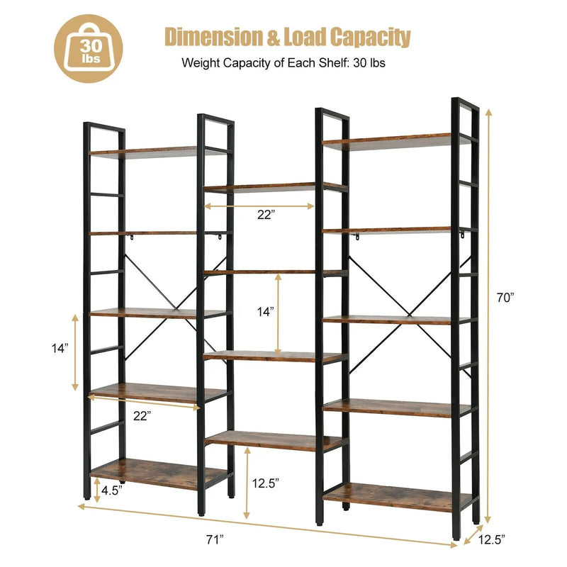 Vintage Triple Wide 5-Tier Bookcase Large Bookshelf Display Storage Shelf by DirectDeals