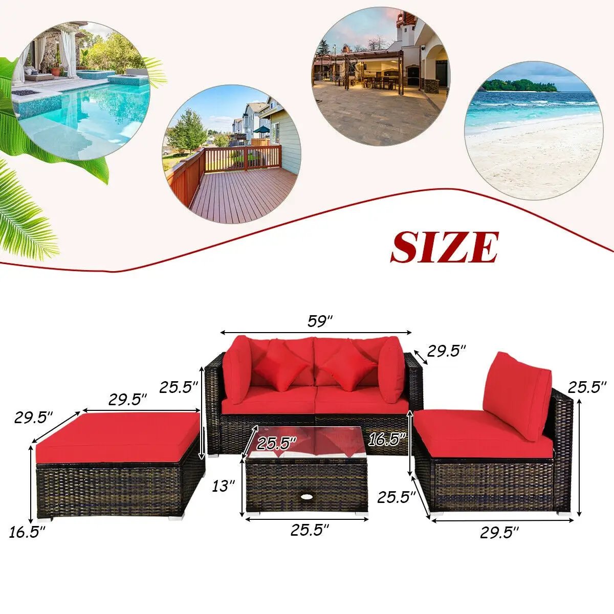 5 Pcs Outdoor Patio Rattan Furniture Set Sectional Conversation with Navy Cushions-Turquoise by DirectDeals