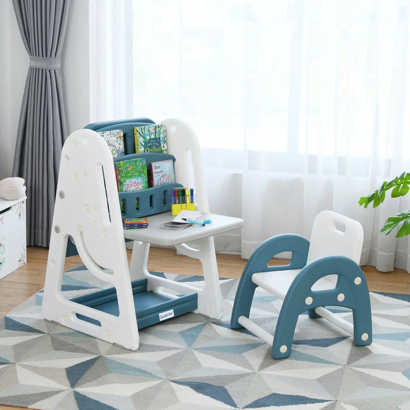 2-in-1 Kids Easel Desk Chair Set Book Rack Adjustable Art Painting Board by DirectDeals