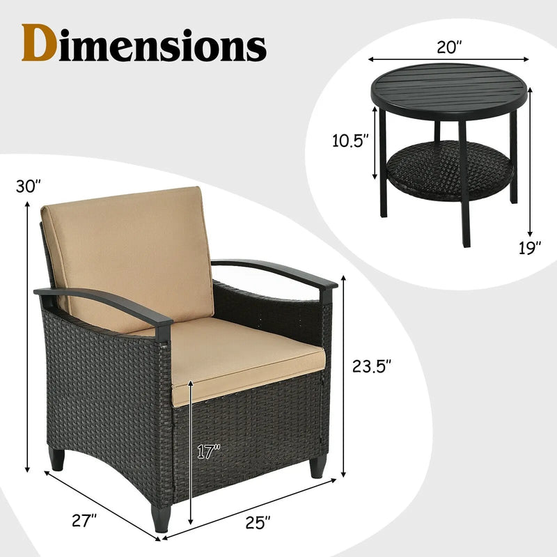 3 Pieces Patio Rattan Furniture Set Cushioned Sofa Storage Table with Shelf Garden by DirectDeals