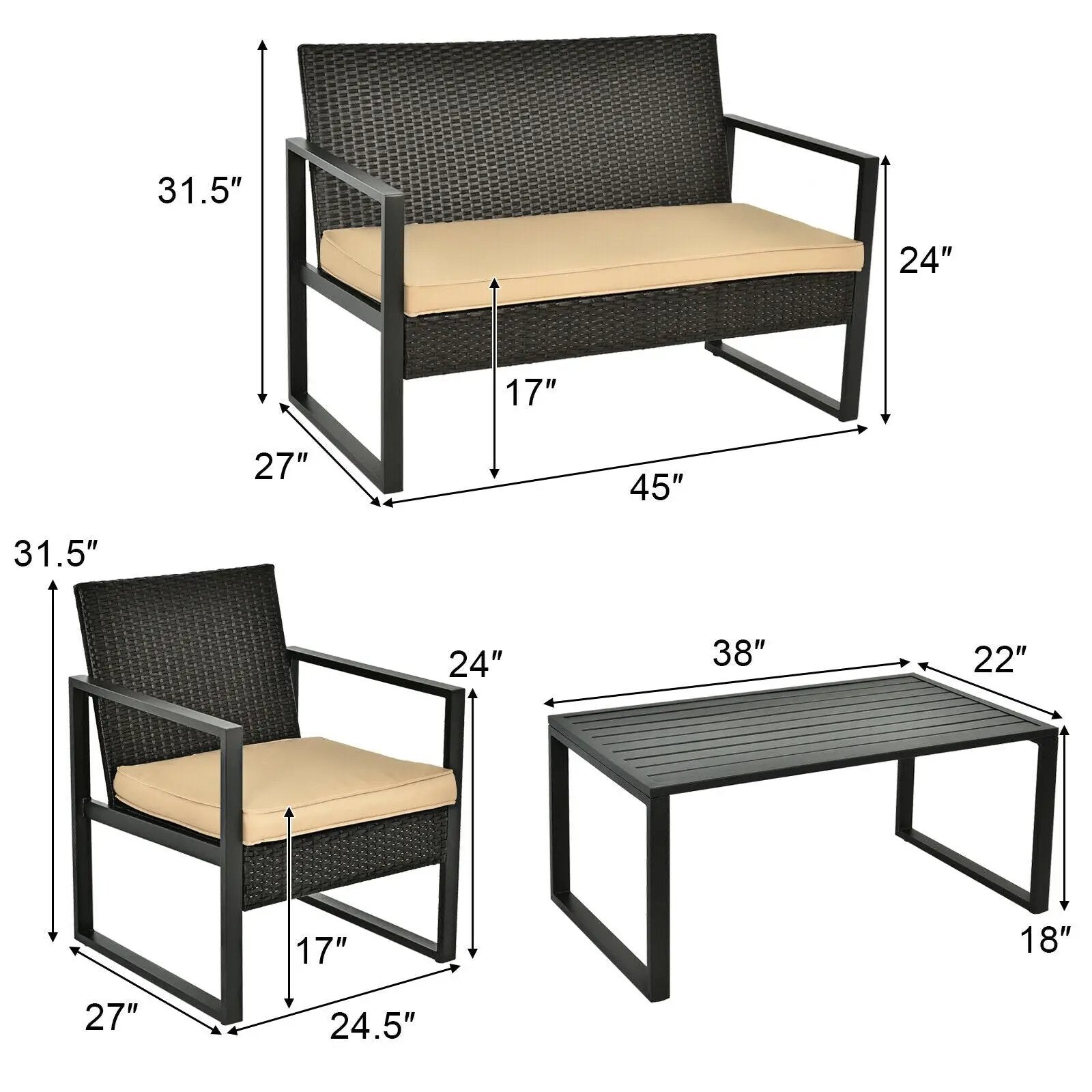 4 Pieces Patio Rattan Furniture Set with Seat Cushions and Coffee Table by DirectDeals