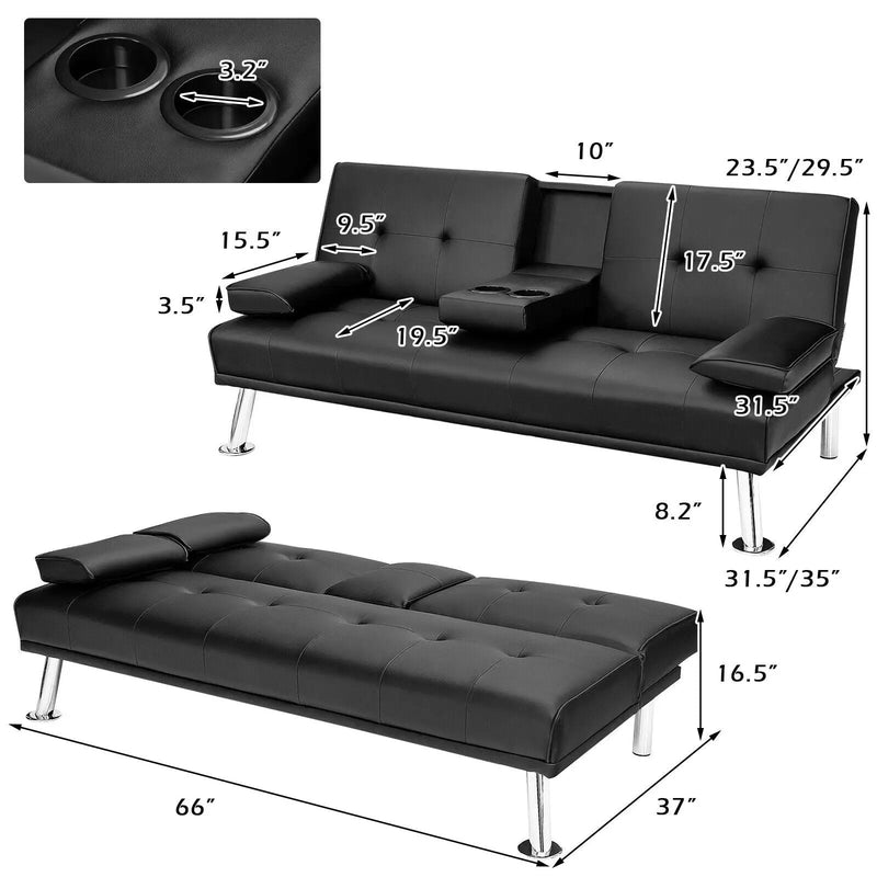 Convertible Folding Leather Futon Sofa with Cup Holders and Armrests by DirectDeals