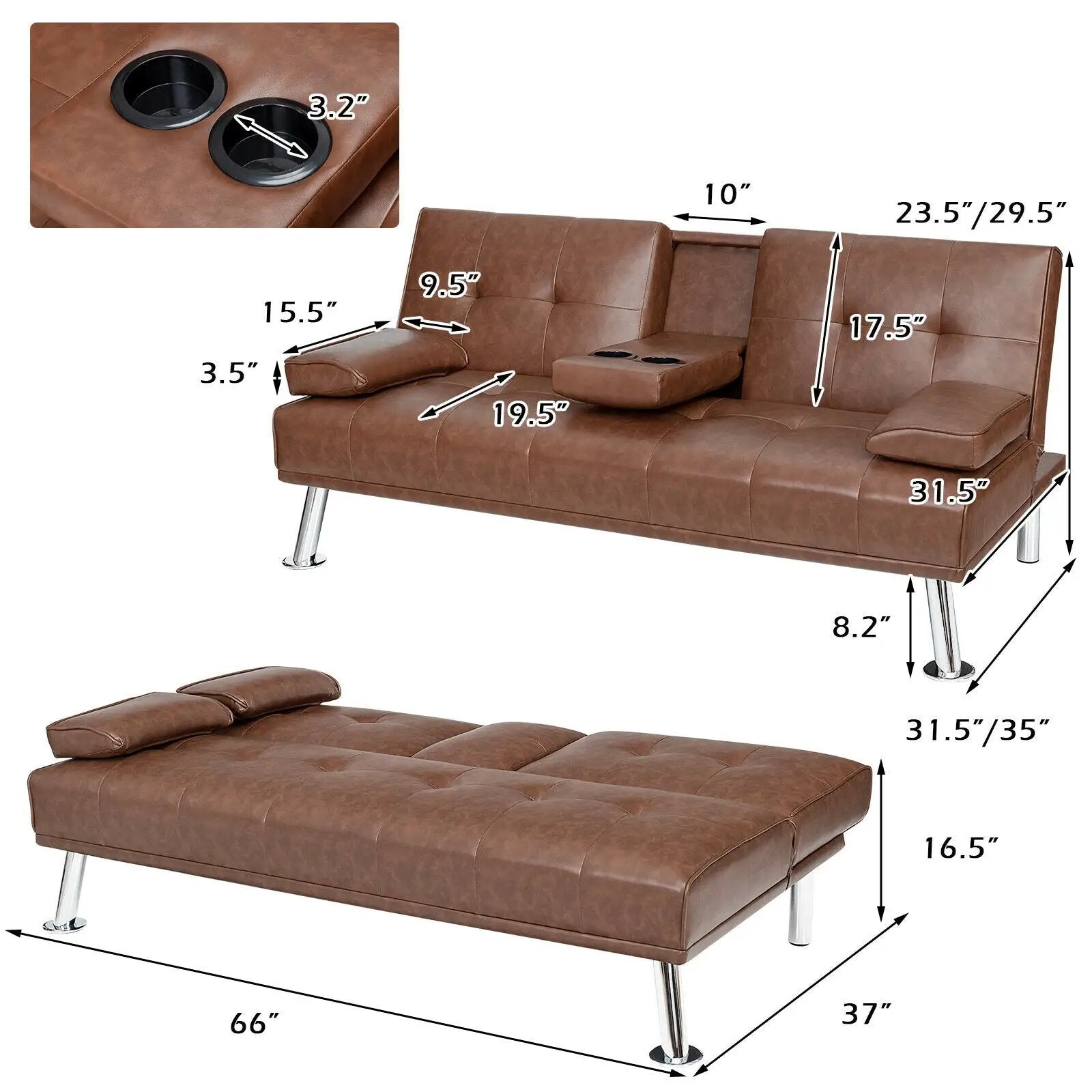 Convertible Folding Leather Futon Sofa with Cup Holders and Armrests by DirectDeals