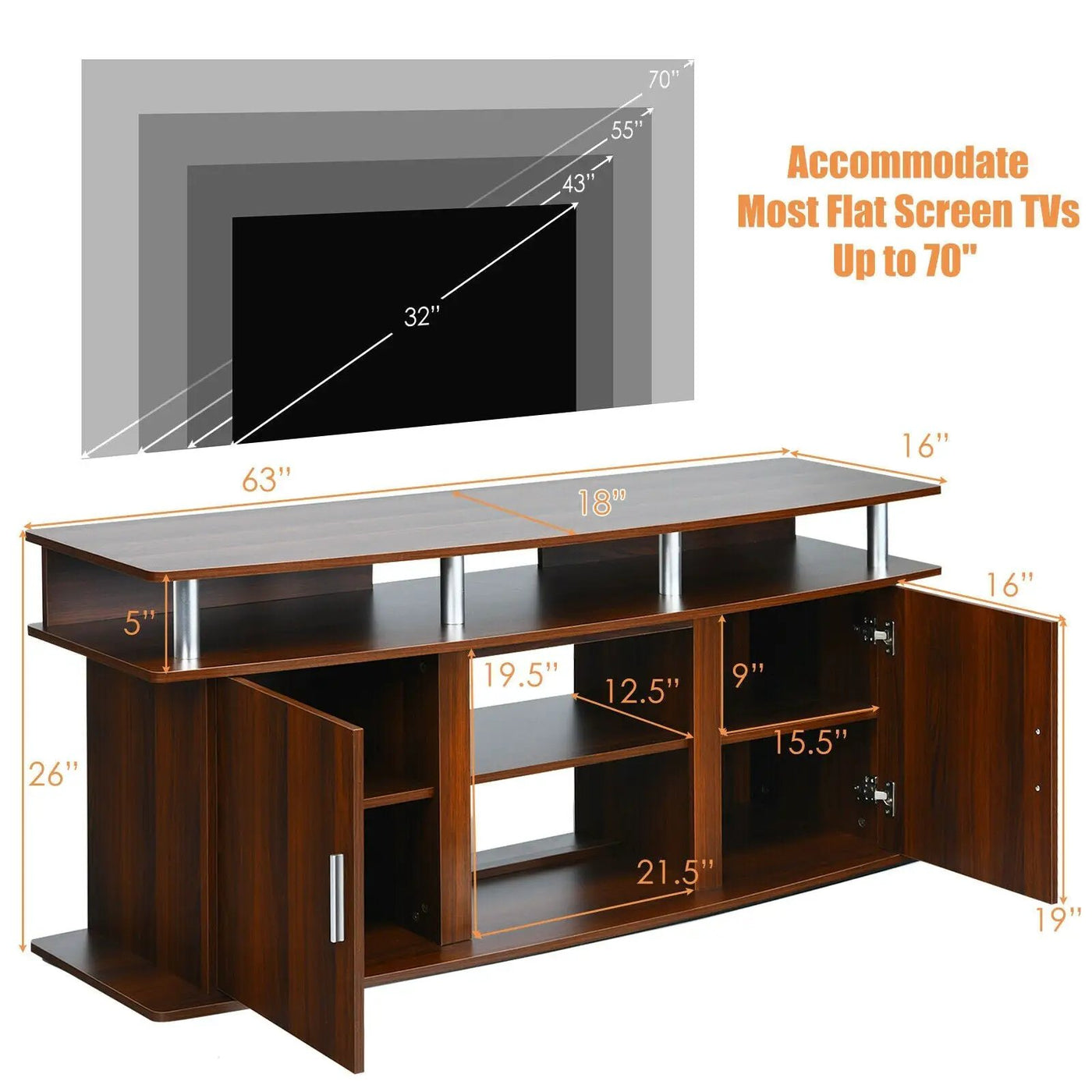 63 Inch TV Entertainment Console Center with 2 Cabinets by DirectDeals