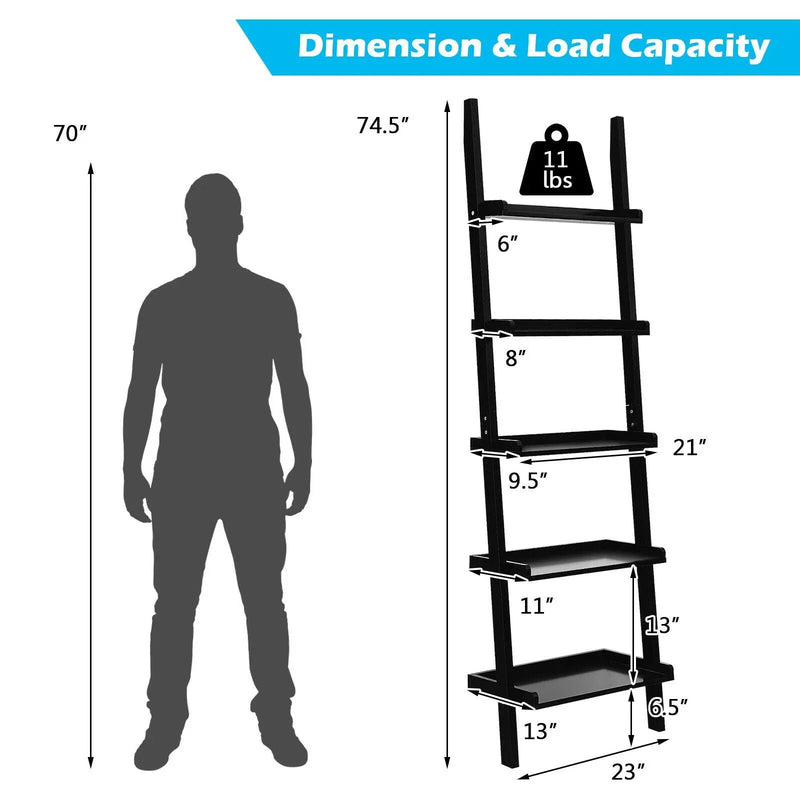 5-Tier Wall-leaning Ladder Shelf Display Rack for Plants and Books by DirectDeals