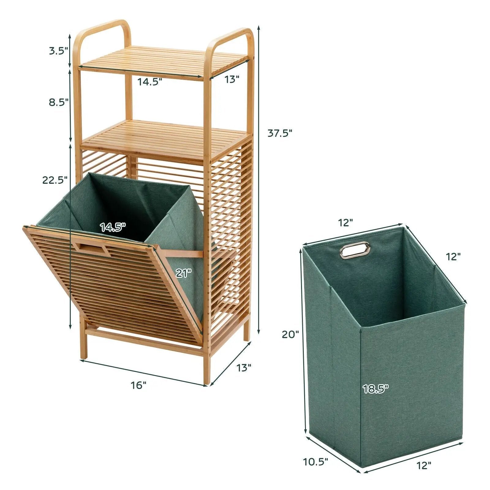 Tilt-out Bamboo Laundry Hamper with 2-Tier Shelf and Removable Liner-Natural by DirectDeals