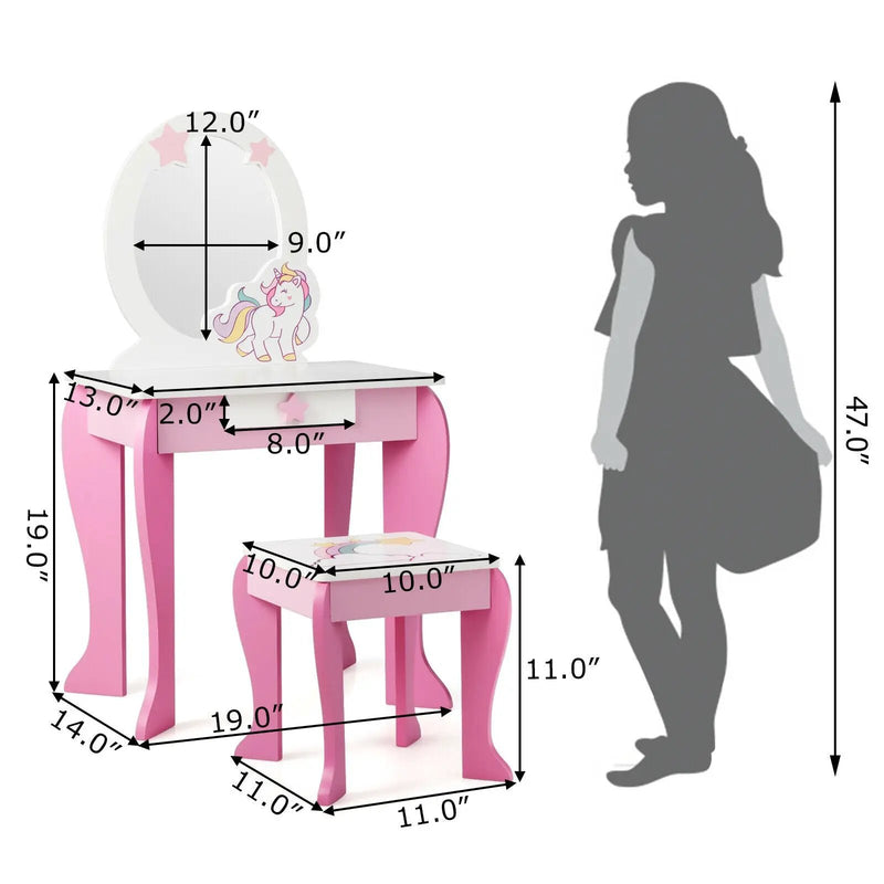 Kids Wooden Makeup Dressing Table and Chair Set with Mirror and Drawer by DirectDeals