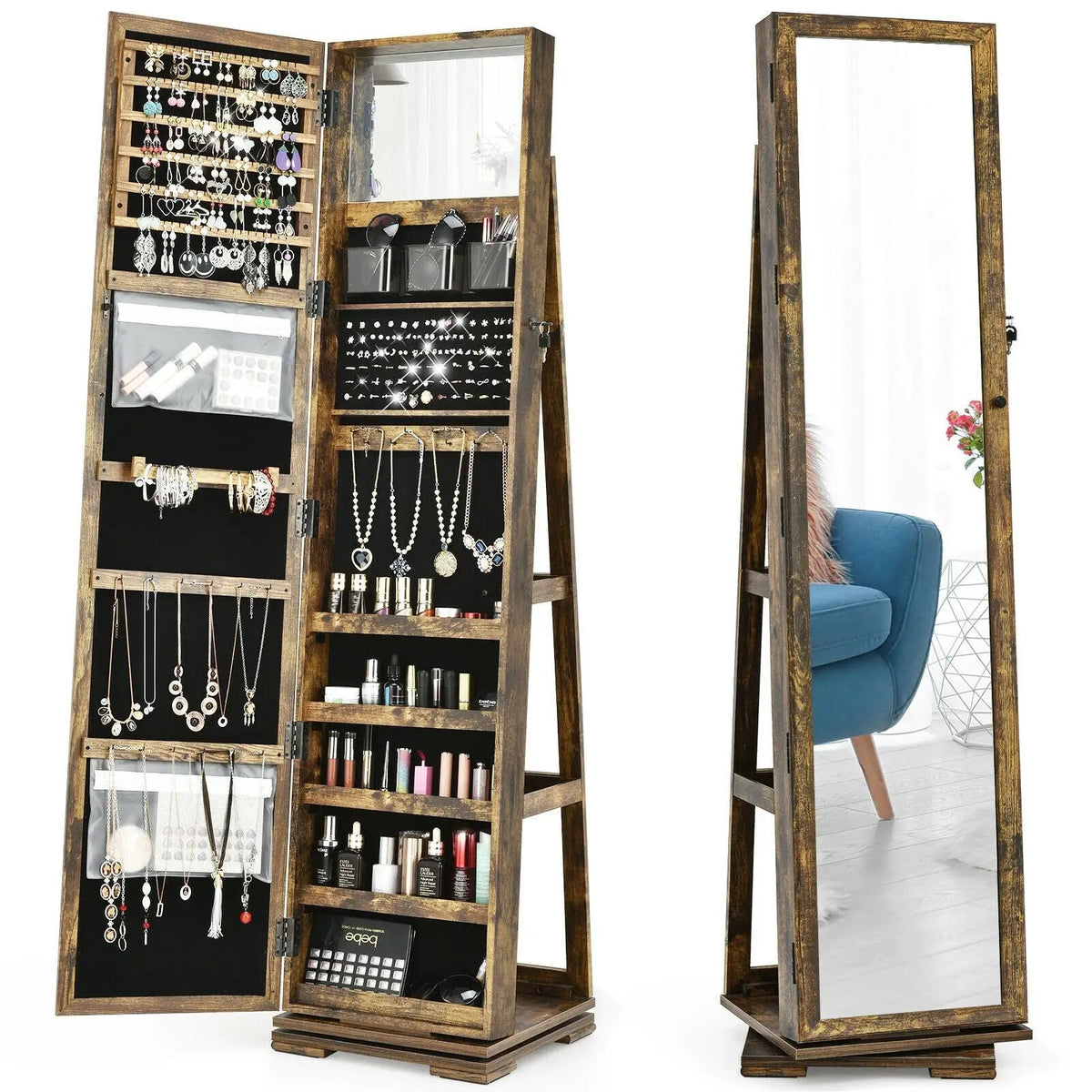 360° Rotatable 2-in-1 Lockable Jewelry Cabinet with Full-Length Mirror by DirectDeals