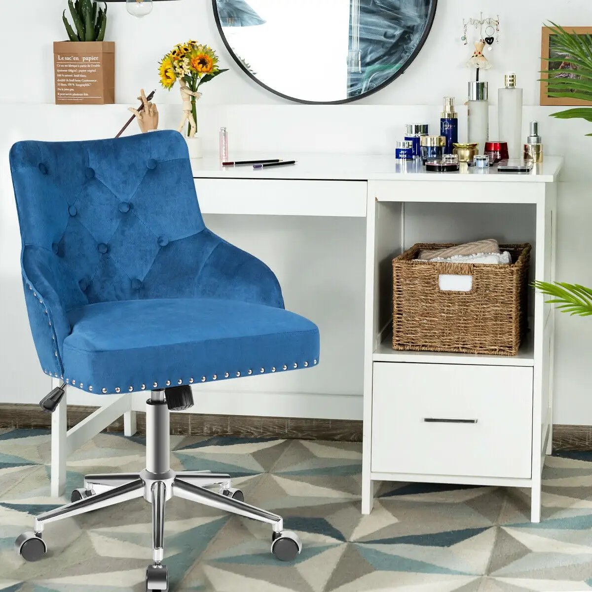 Tufted Upholstered Swivel Computer Desk Chair with Nailed Tri by DirectDeals