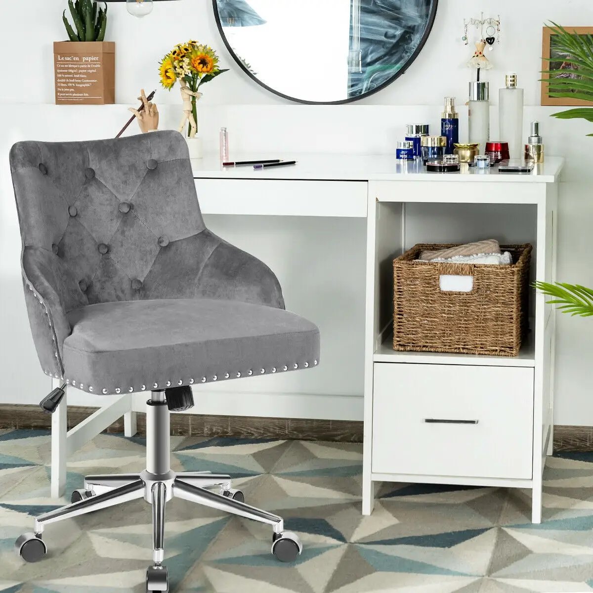 Tufted Upholstered Swivel Computer Desk Chair with Nailed Tri by DirectDeals