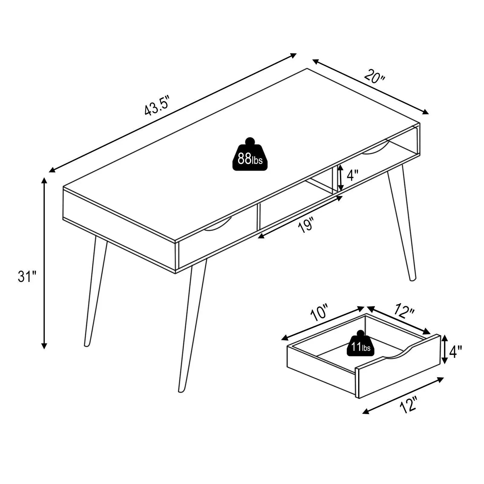 Stylish Computer Desk Workstation with 2 Drawers and Solid Wood Legs by DirectDeals