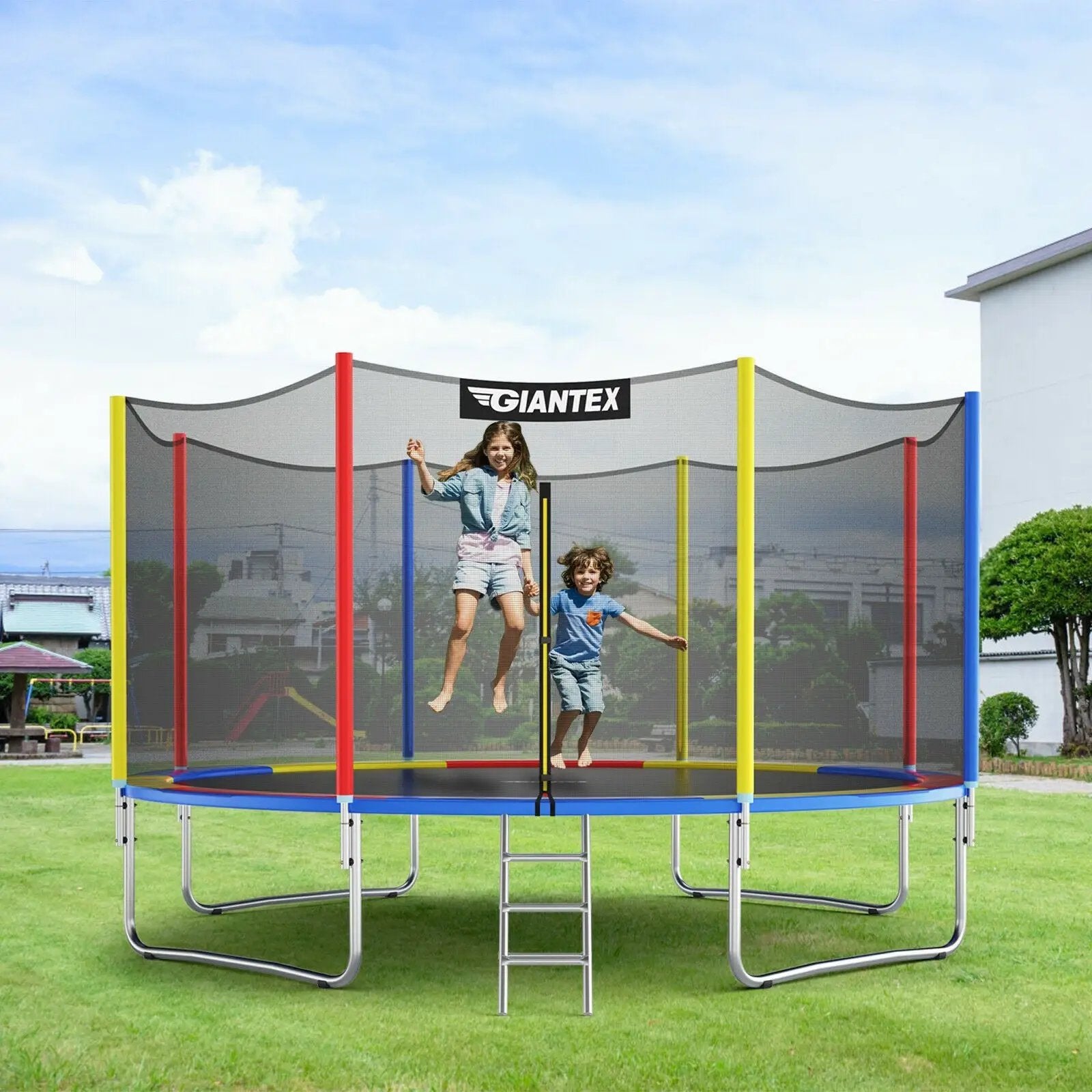 14 Feet Trampoline with Safety Enclosure Net and Ladder Outdoor for Kids Adults by DirectDeals