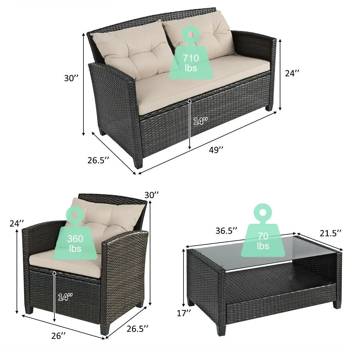 4 Pieces Outdoor Rattan Furniture Set with Glass Table by DirectDeals