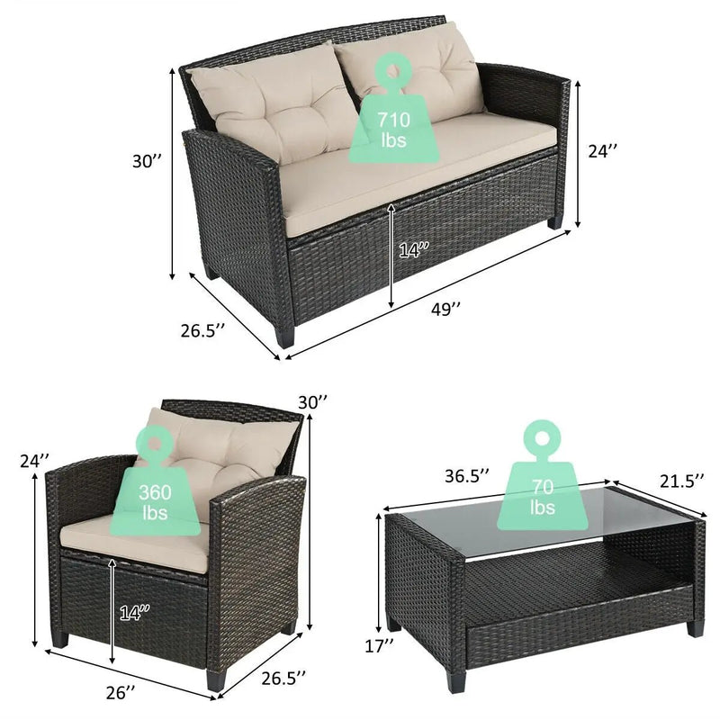 4 Pieces Outdoor Rattan Furniture Set with Glass Table by DirectDeals