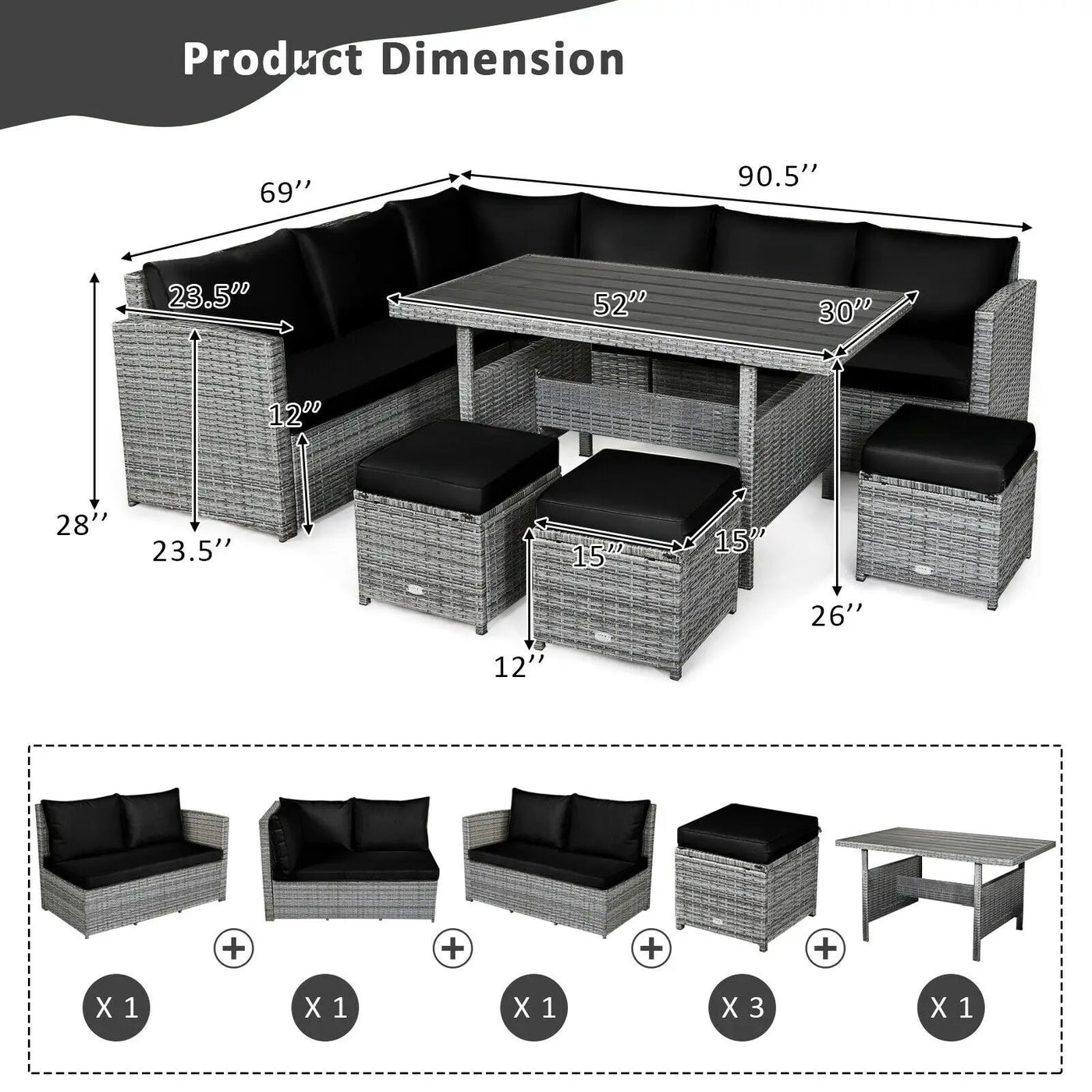 7 Pieces Patio Rattan Dining Furniture Sectional Sofa Set with Wicker Ottoman by DirectDeals