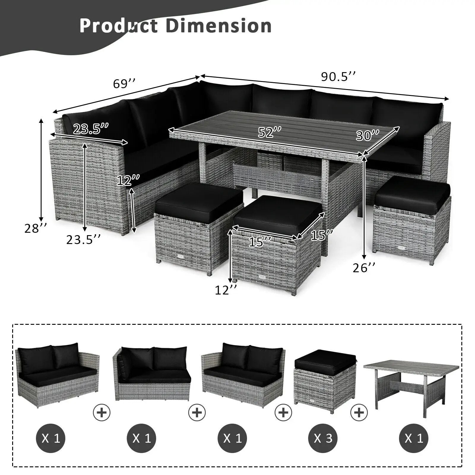 7 Pieces Patio Rattan Dining Furniture Sectional Sofa Set with Wicker Ottoman by DirectDeals
