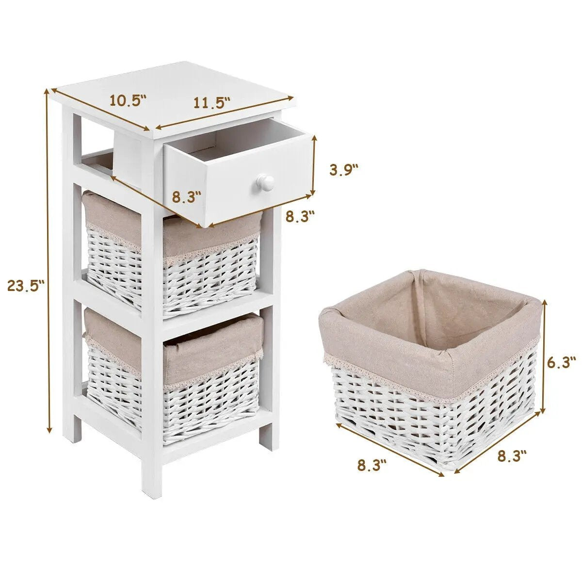 2 Pieces Bedroom Bedside End Table with Drawer Baskets-White by DirectDeals