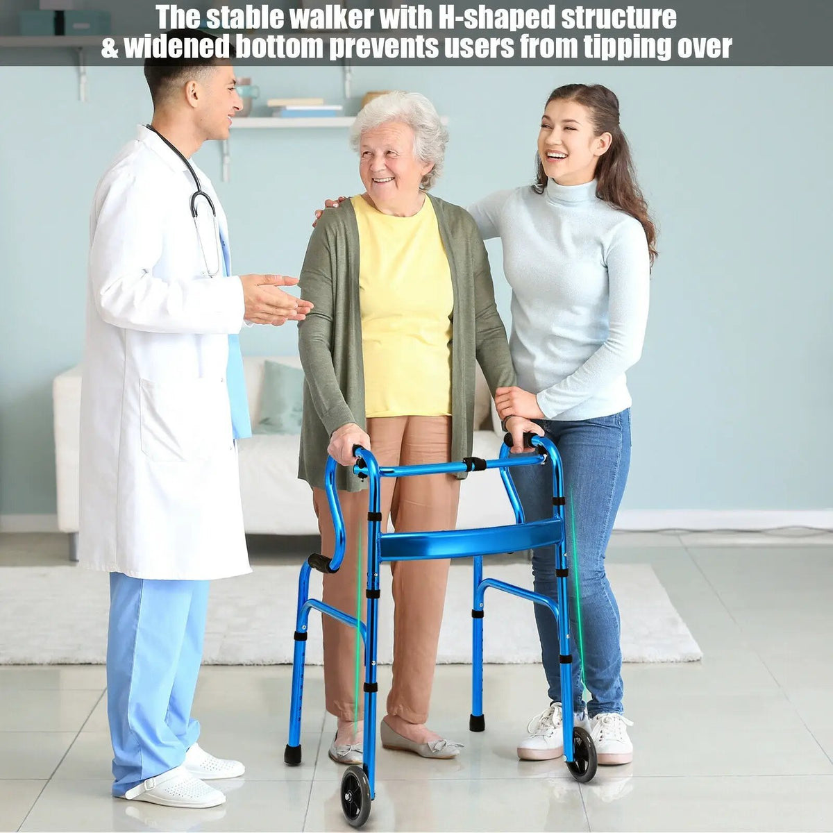 Adjustable Heavy-Duty Folding Walker with Unidirectional Wheels and Bi-Level Armrests-Black by DirectDeals