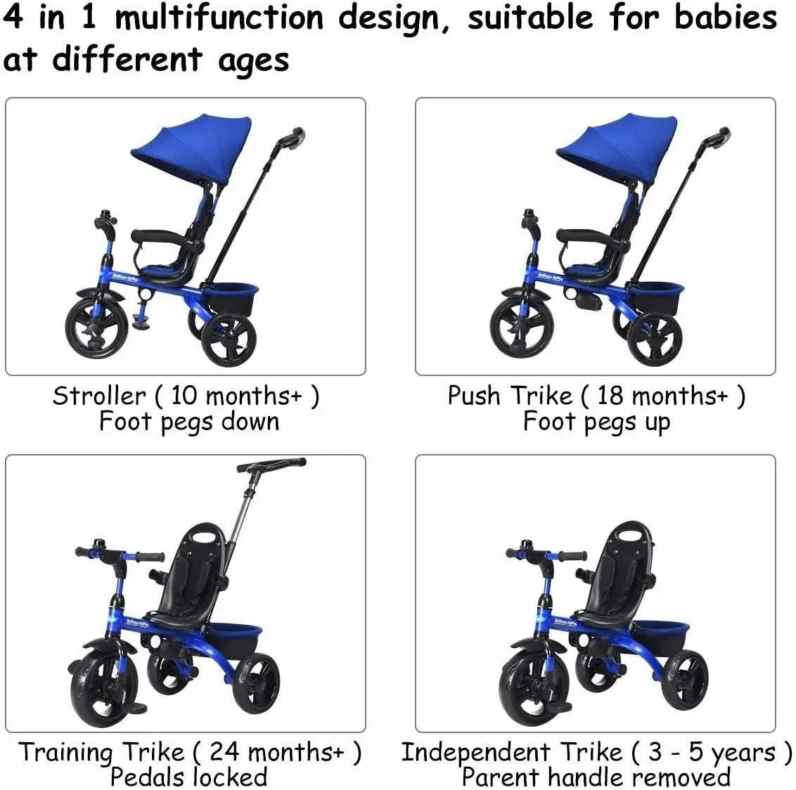 4-in-1 Kids Tricycle with Adjustable Push Handle by DirectDeals
