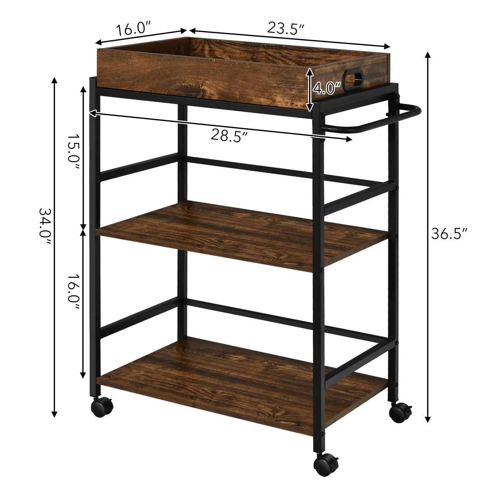3-Tier Kitchen Serving Bar Cart with Lockable Casters and Handle Rack for Home Pub-Rustic Brown by DirectDeals