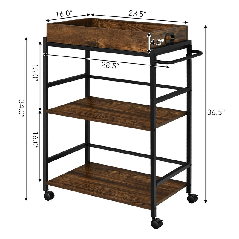 3-Tier Kitchen Serving Bar Cart with Lockable Casters and Handle Rack for Home Pub-Rustic Brown by DirectDeals