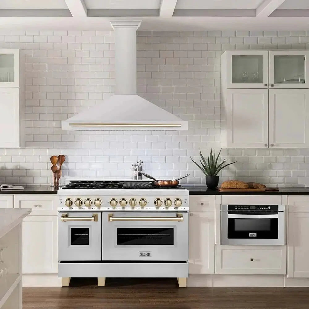 ZLINE 48" Autograph Edition Stainless Steel Range Hood, Gold KB4STZ-48-G by Farmhouse Kitchen and Bath