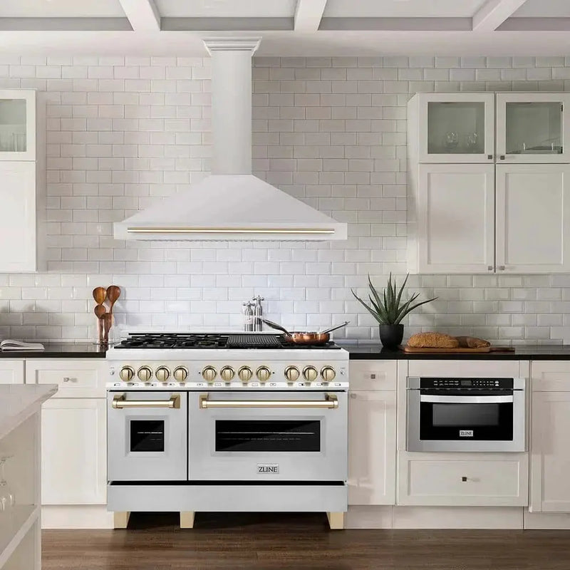 ZLINE 48" Autograph Edition Stainless Steel Range Hood, Gold KB4STZ-48-G by Farmhouse Kitchen and Bath
