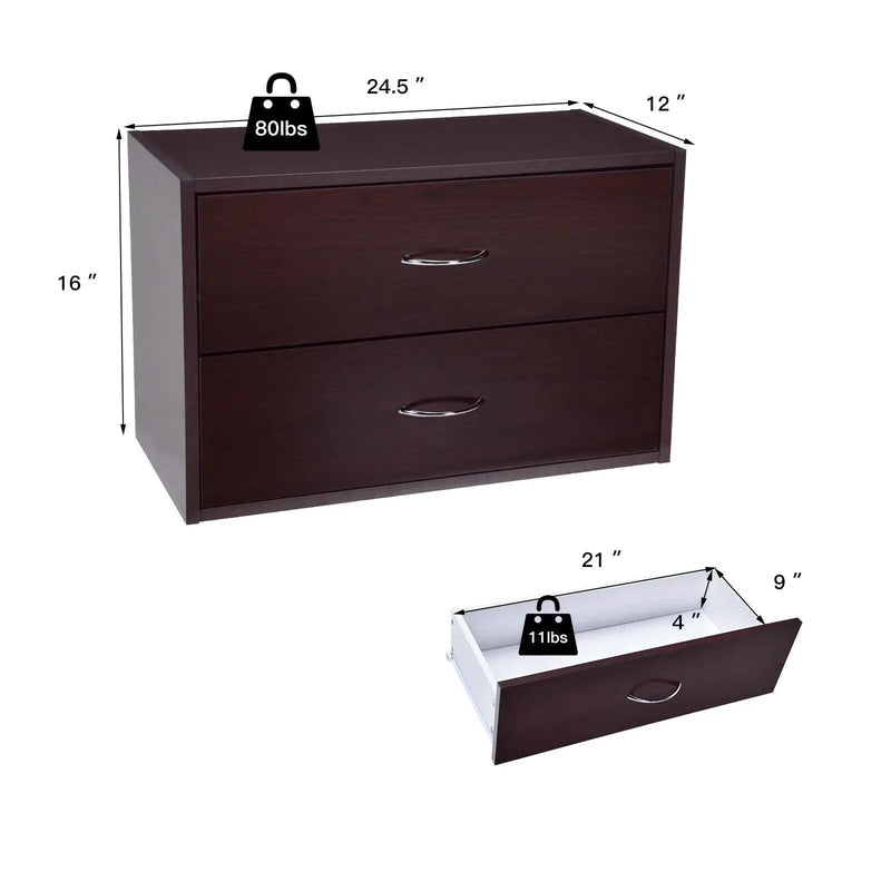 2-Drawer Dresser Horiztonal Organizer End Table Nightstand with Handle Wood-Brown by DirectDeals
