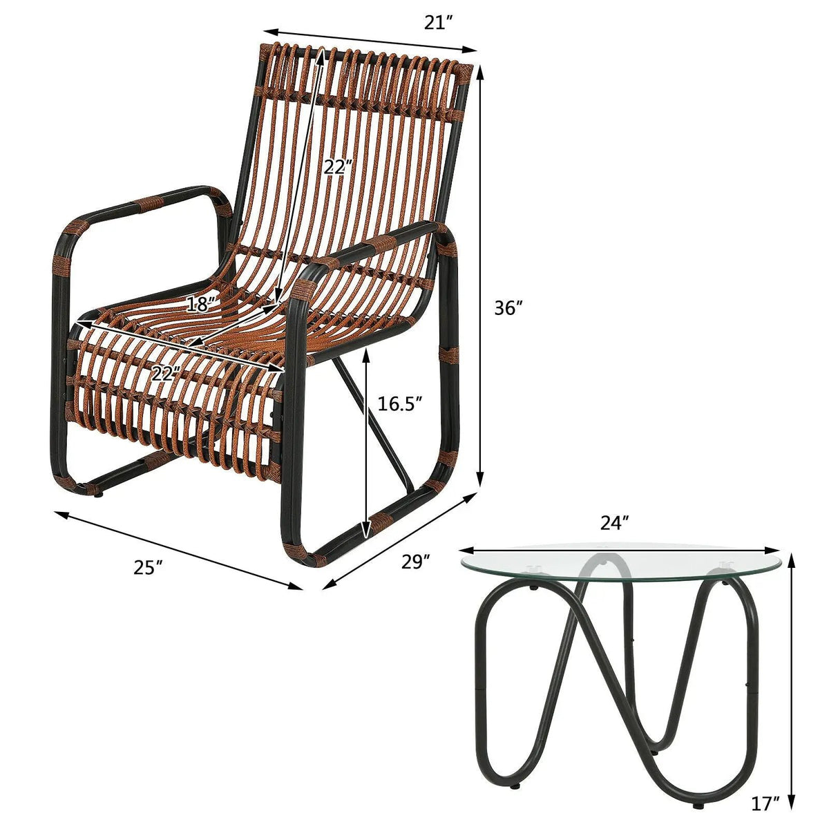 3 Pieces Patio Rattan Furniture Set with 2 Single Wicker Chairs and Glass Side Table by DirectDeals