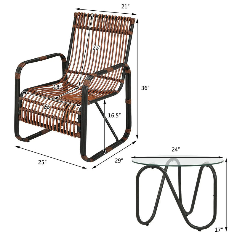 3 Pieces Patio Rattan Furniture Set with 2 Single Wicker Chairs and Glass Side Table by DirectDeals