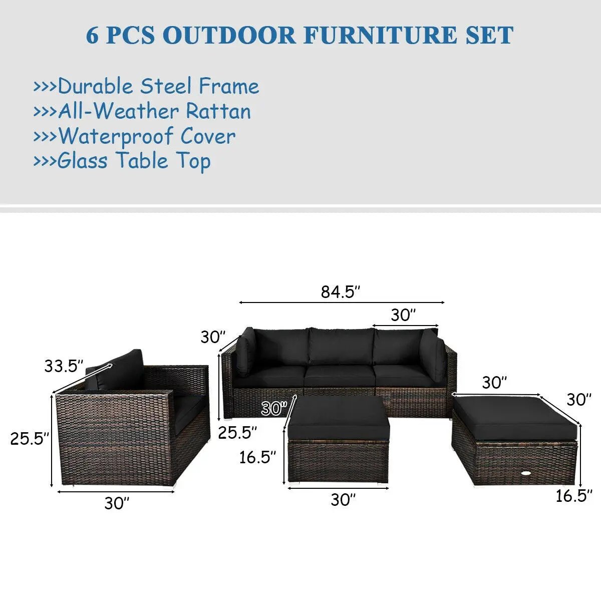 6 Pcs Patio Rattan Furniture Set with Sectional Cushion by DirectDeals