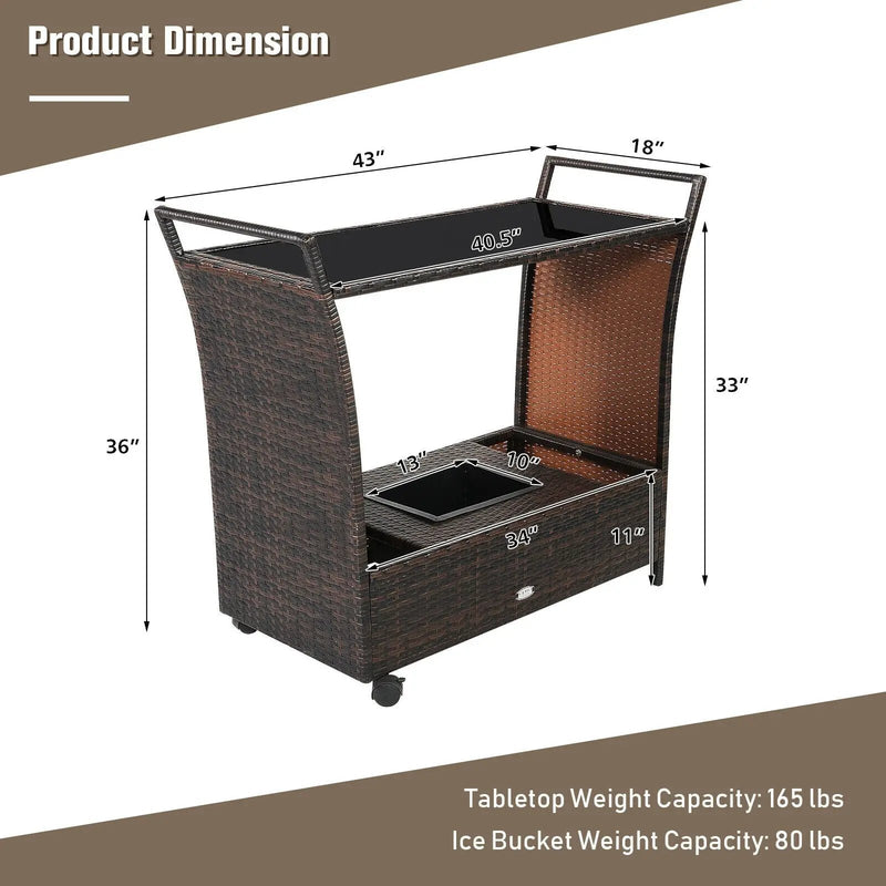 Patio Rattan Bar Serving Cart with Glass Top and Handle by DirectDeals