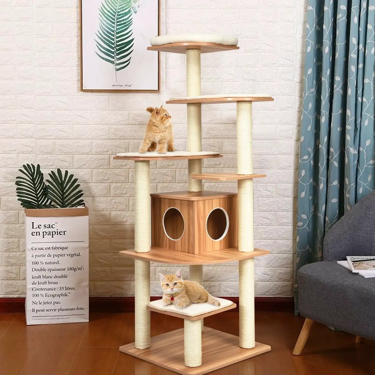 7-Layer Wooden Cat Tree Tall Cat Tower with Sisal Posts and Condo by DirectDeals