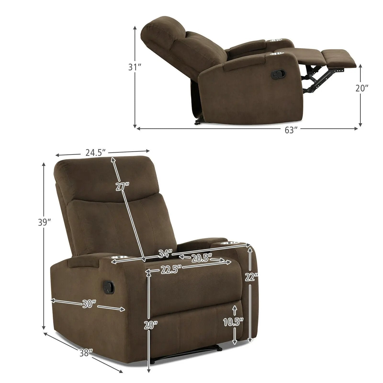 Recliner Chair Single Sofa Lounger with Arm Storage and Cup Holder for Living Room by DirectDeals