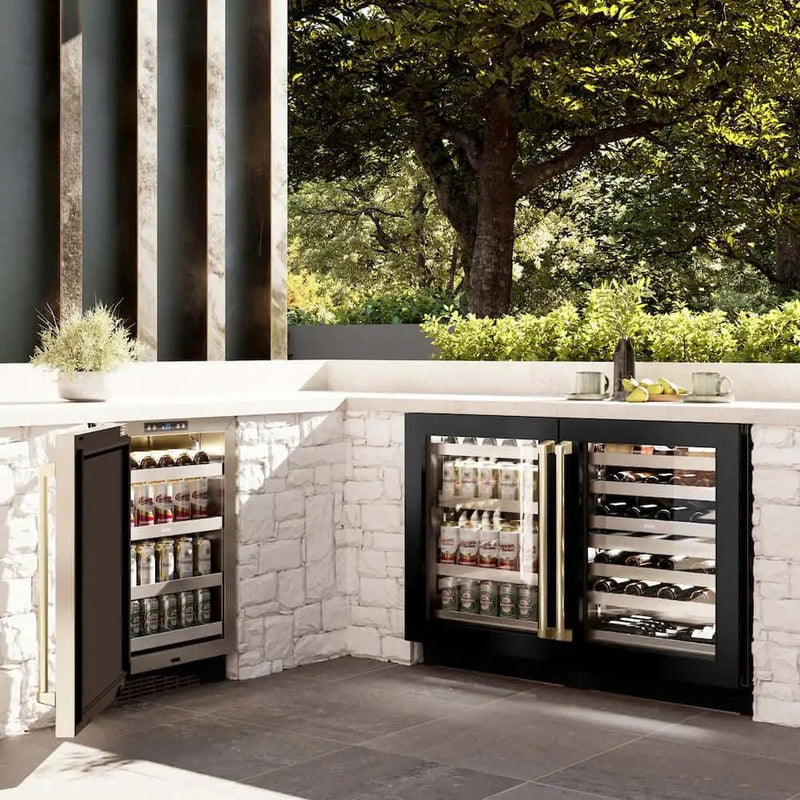 ZLINE 24" Touchstone Dual Zone 44 Bottle Wine Cooler Black Stainless Steel Glass Door Champagne Bronze Handle RWDOZ-BS-24-CB by Farmhouse Kitchen and Bath