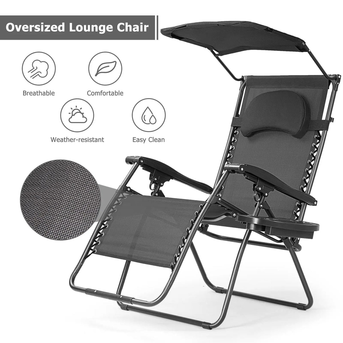 Folding Recliner Lounge Chair with Shade Canopy Cup Holder by DirectDeals