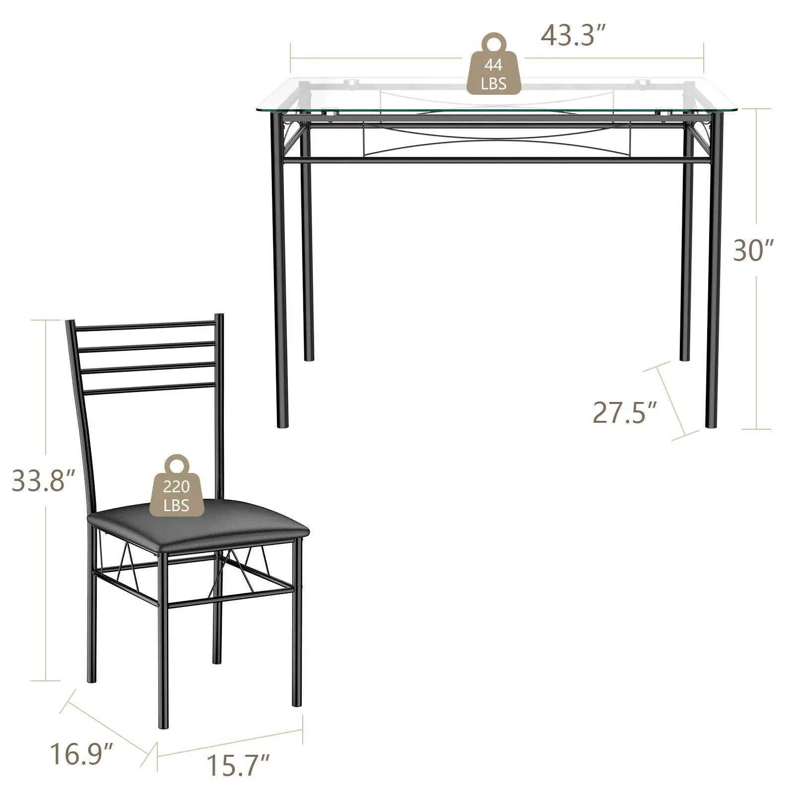 5 Pieces Dining Set with Tempered Glass Top Table and 4 Upholstered Chairs by DirectDeals