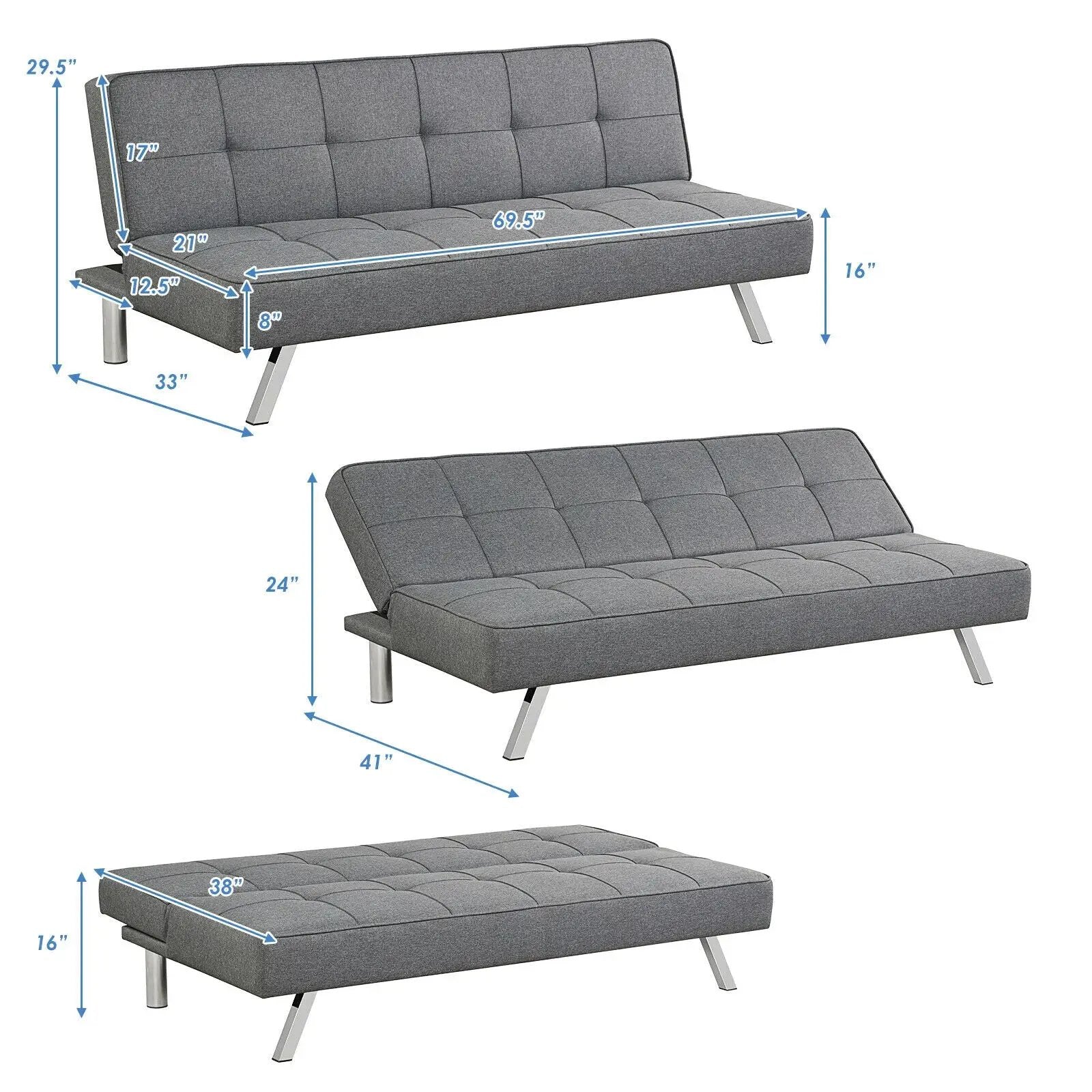 3-Seat Convertible Sofa Bed with High-Density Sponge for Living Room by DirectDeals