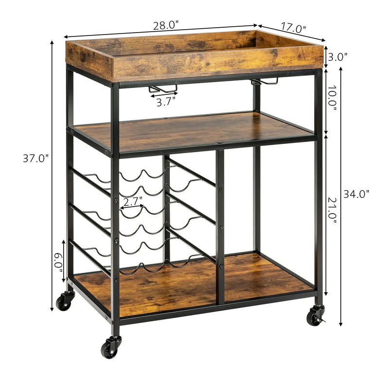 3-Tier Wood Rolling Kitchen Serving Cart with 9 Wine Bottles Rack Metal Frame-Rustic Brown by DirectDeals