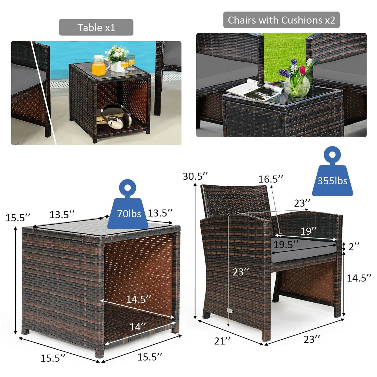 3 Pieces PE Rattan Wicker Furniture Set with Cushion Sofa Coffee Table for Garden by DirectDeals