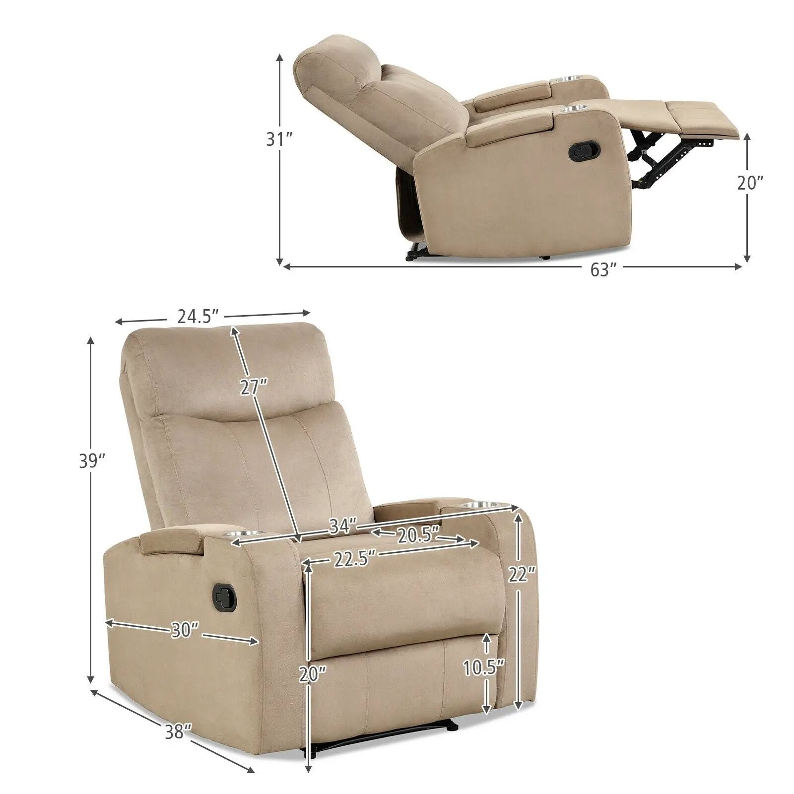 Recliner Chair Single Sofa Lounger with Arm Storage and Cup Holder for Living Room by DirectDeals
