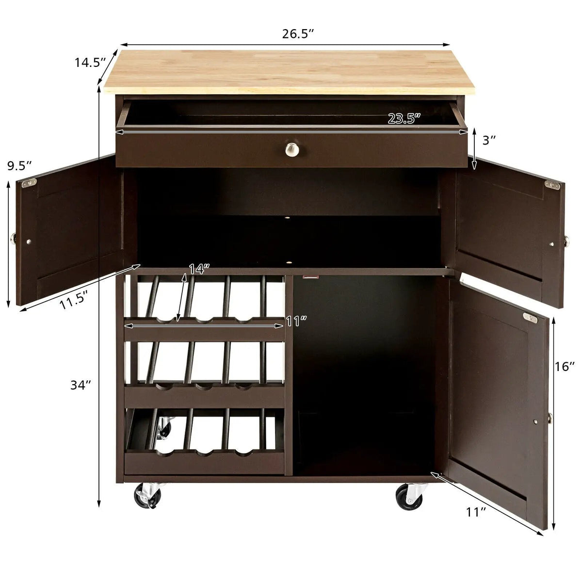 Kitchen Cart with Rubber Wood Top 3 Tier Wine Racks 2 Cabinets by DirectDeals