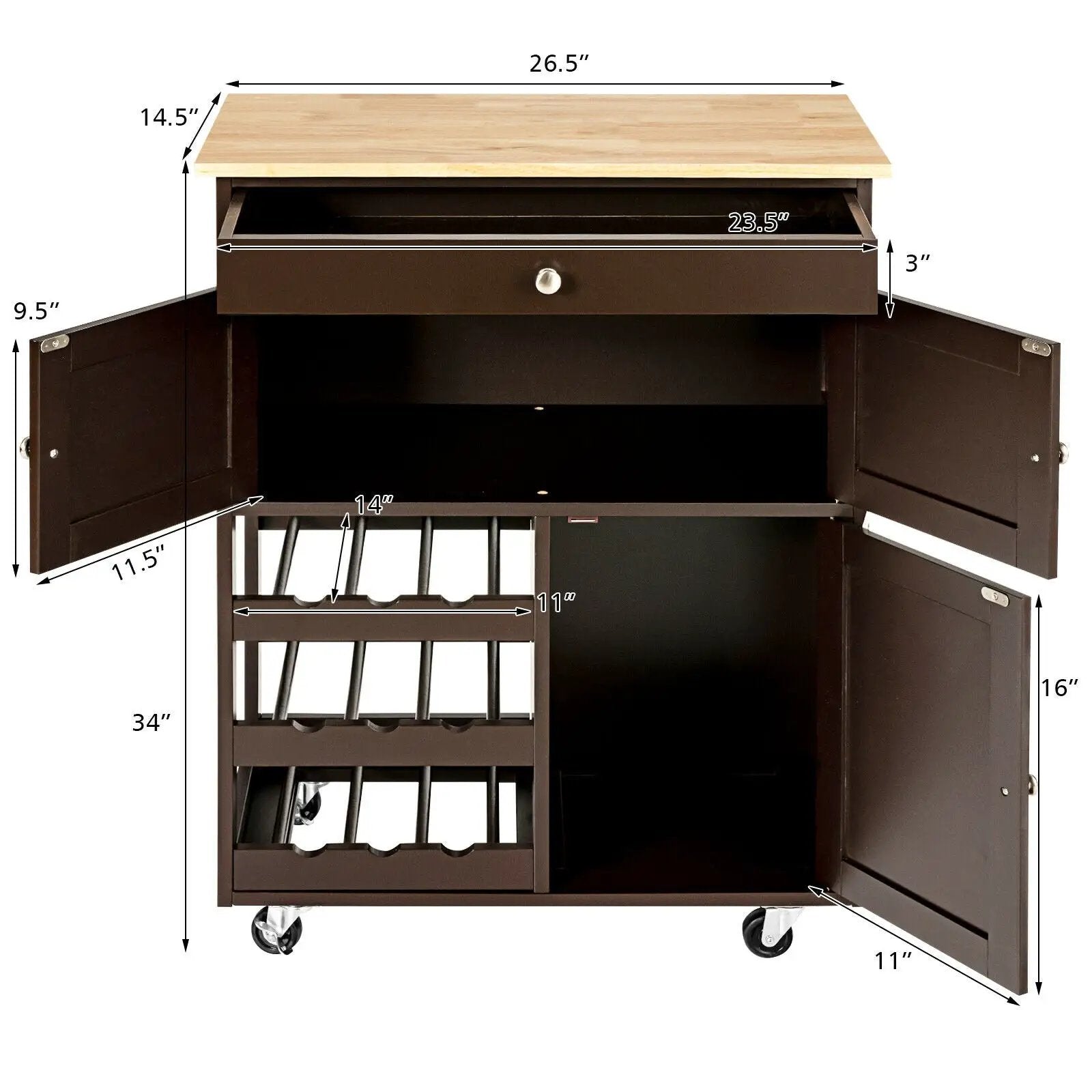 Kitchen Cart with Rubber Wood Top 3 Tier Wine Racks 2 Cabinets by DirectDeals