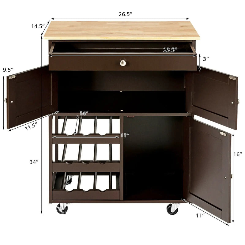Kitchen Cart with Rubber Wood Top 3 Tier Wine Racks 2 Cabinets by DirectDeals