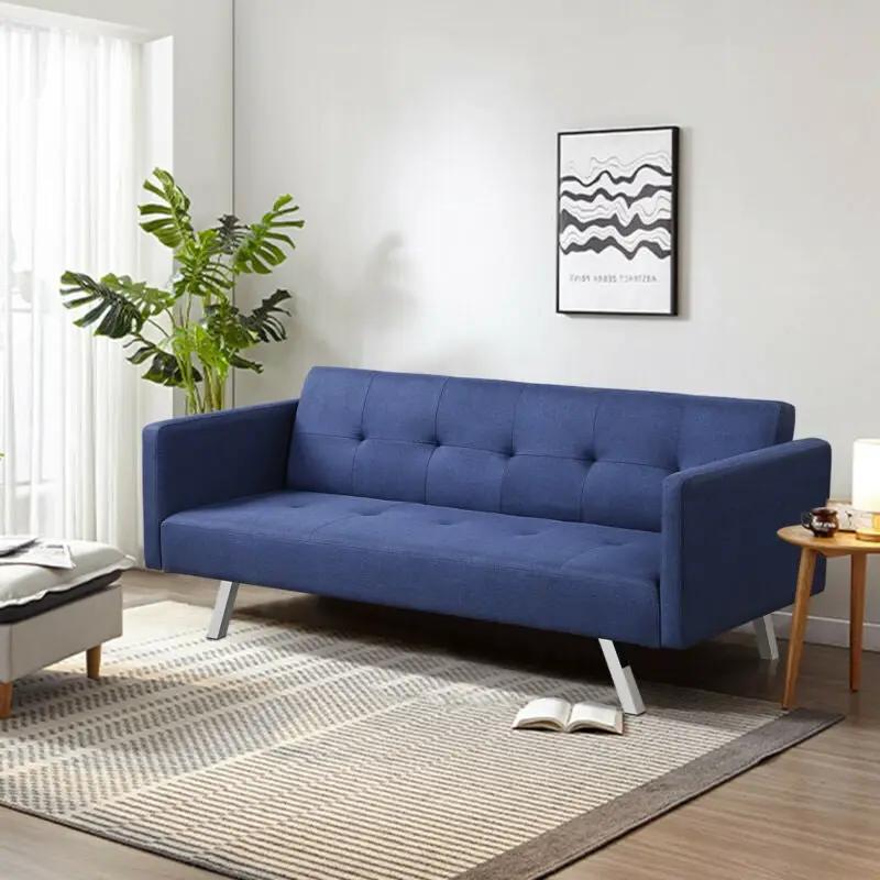 3 Seat Convertible Linen Fabric Futon Sofa with USB and Power Strip by DirectDeals