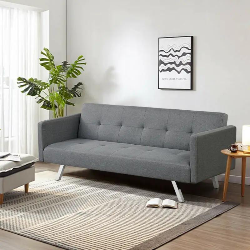 3 Seat Convertible Linen Fabric Futon Sofa with USB and Power Strip by DirectDeals