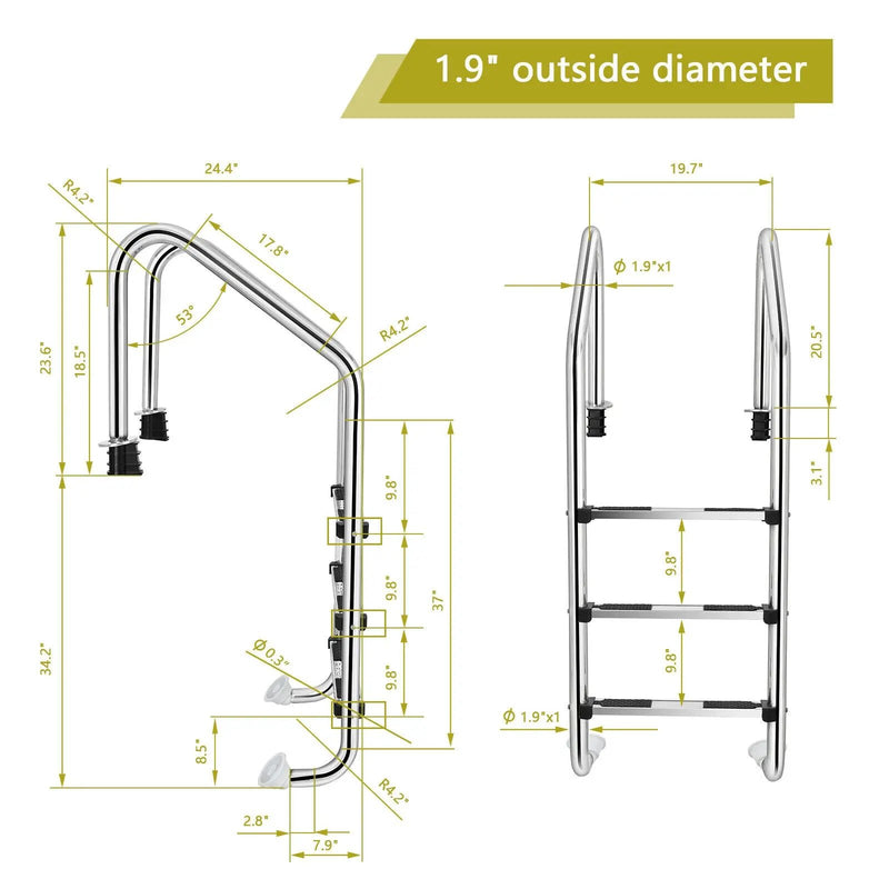 3-Step Stainless Steel Swimming Pool Ladder with Anti-Slip Step by DirectDeals